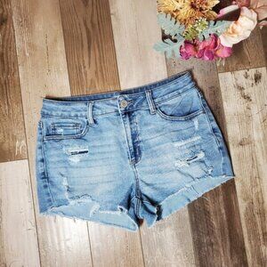 SO Goods for Life Distressed Blue High Rise Shortie Jean Shorts Size 11/30W EUC